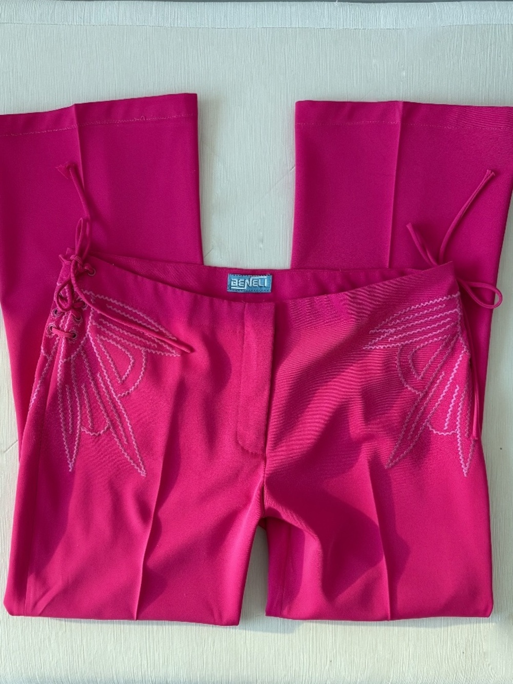 Y2K Hot Pink Lace Up Flare Pants Fuchsia Large
